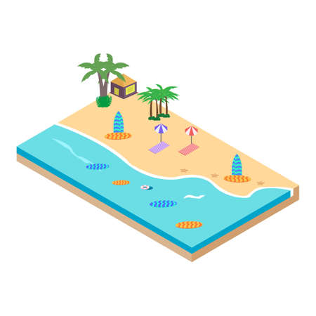 2.5D Sandy beach concept vector illustration. Sandy beach vector with surfboard and resort concept and coconut tree. Seashore 3D art with lifebuoy.のイラスト素材