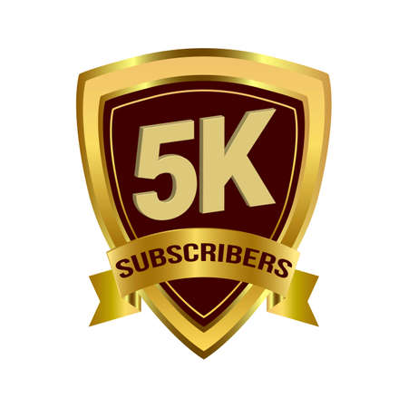 Luxurious 5K Subscribers celebration badge with golden gradient ribbon and dark color shade vector illustration on a white background, 5K subscriber celebration with golden subscriber badge.のイラスト素材