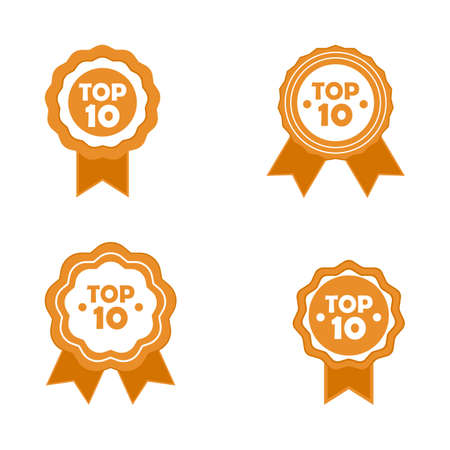 Badge collection with orange and white color shade. royal top 10 badge collection on white background. Top 10 badge with ribbon.のイラスト素材
