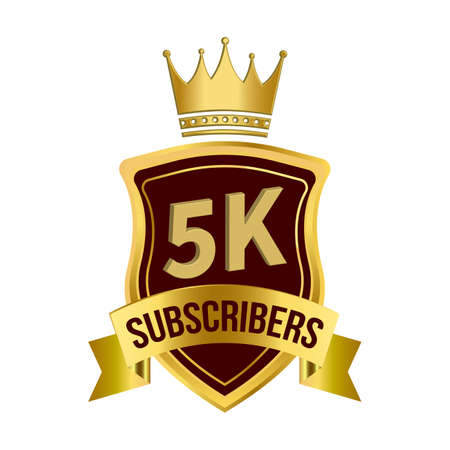Royal 5k subscriber celebration badge with golden color ribbon and king crown on white background, Dark and golden color shade with king crown ribbon, 5k subscriber special golden badge.のイラスト素材