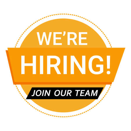 We are hiring vector with white font design on white background inside round and rectangle shape and design. Business recruiting concept with yellow color. design for the hiring concept.のイラスト素材