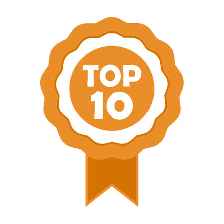 Single Badge with orange and white color shade. A single orange badge on white background. Top 10 single badge with ribbon.のイラスト素材