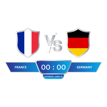 Football match scoreboard with shield shape blue color lower thirds template for sports like soccer and football. France VS Germany vector illustration scoreboard broadcast lower thirds template.のイラスト素材