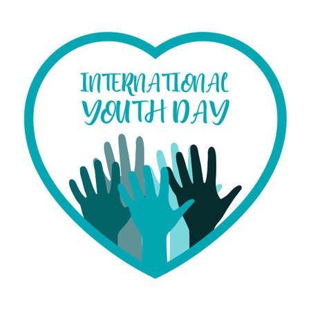 International Youth day celebration, youth day special vector design inside love shape, hands inside blue love shape vector illustration, font design of international youth day.のイラスト素材