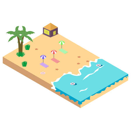 2.5D Sandy beach concept vector illustration. Sandy beach vector with resort concept and coconut tree. Seashore 3D art with lifebuoy.のイラスト素材