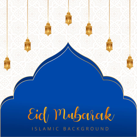 Eid Mubarak Vector Design, Eid Mubarak Golden Text Effect, Blue and Golden Shade. Arabian Lamps,...