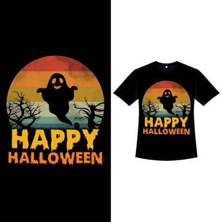 Halloween vintage T-shirt design with scary calligraphy. Halloween fashion wear design with a funny ghost and dead tree silhouette. Scary retro color T-shirt design for Halloween event.の写真素材