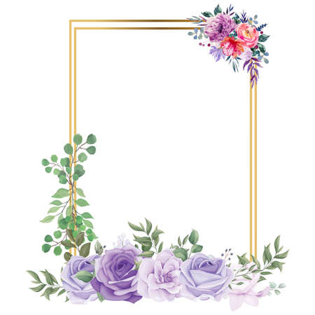Beautiful Square Golden Wedding Photo frame vector illustration, golden photo frame, Wedding flowers, Romantic, Love, red roses, green leaves, rose, leaf, Multicolor flower, blue and white rosesの写真素材
