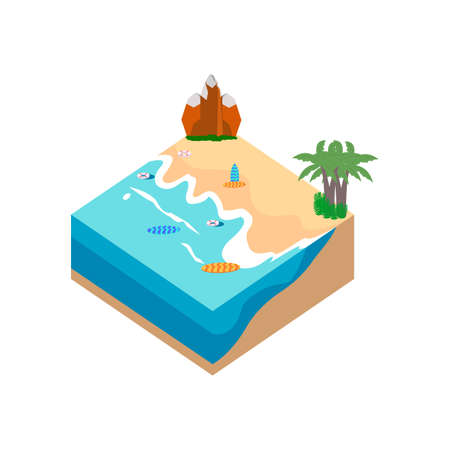 2.5D Sandy beach landscape concept vector illustration. Sandy beach vector with surfboard and hill concept and coconut tree. Seashore 3D art with lifebuoy.のイラスト素材