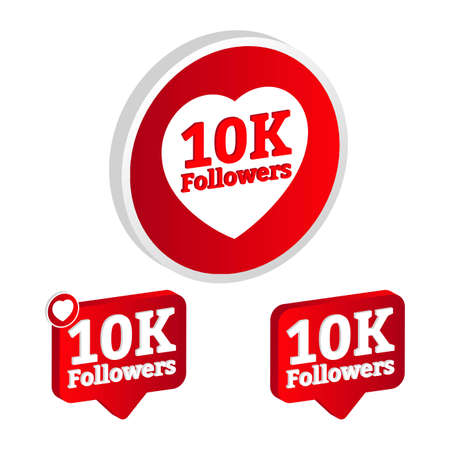 10K followers 3D vector design on a white background. Social media 10K follower celebration design with red and white color. Collection of 10K followers 3D badge.の写真素材