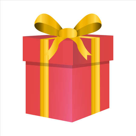 Christmas gift vector design on a white background. Round gift box design with pink color wrap paper and golden color ribbon. Gift design for Birthdays, anniversaries, weddings or Christmas events.の写真素材