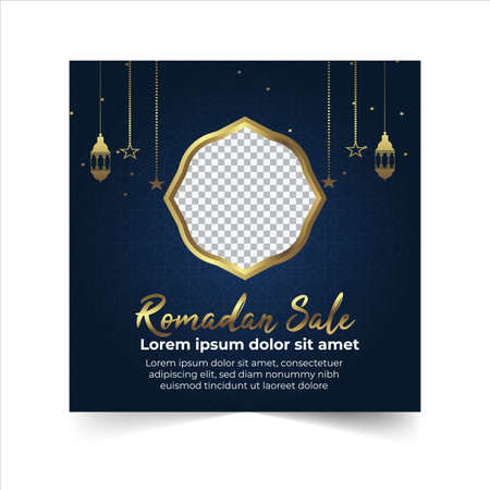 Ramadan sale social media post template banners ad, Editable illustration, Islamic Holy Month of Ramadan Sale Banner with Illuminated Golden Lanterns And Window in a Dark Blue Background.の写真素材