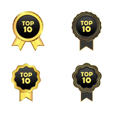Luxurious badge collection with golden and black color shade. royal top 10 badge collection on white background. Top 10 badge with ribbon.のイラスト素材