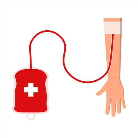 Blood donation campaign vector illustration with a donor's hand and blood bag. Giving blood vector design on a white background. Medical equipment design with a blood bag and a human hand.の写真素材