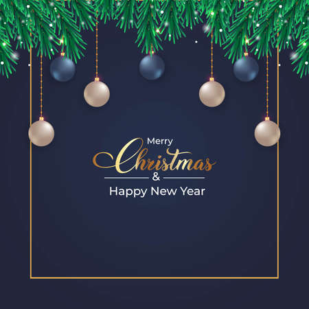 Christmas social media banner with realistic pine leaves. Banner with leaves, white balls, blue balls. Christmas banner on a dark background. Christmas social media post with decorative elements.の写真素材