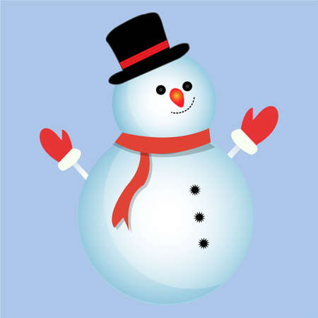 Christmas element design with a happy snowman. A winter snowman with a smiling face, neck muffler, gloves, hat, and buttons. Cute snowman vector design on a blue background.の写真素材