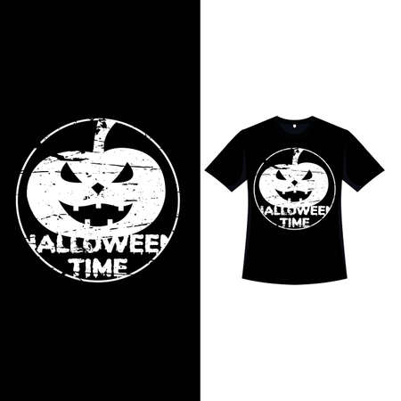 Halloween fashion T-shirt design with a scary pumpkin lantern and typography. Halloween scary black T-shirt design with a white color spooky pumpkin lantern. Fashion wear for Halloween.の写真素材