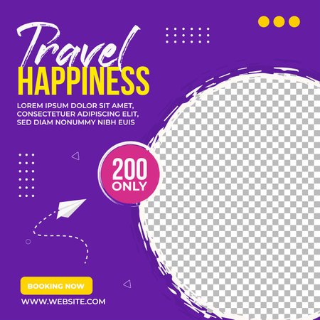 Travel agency flyer design with purple, red, white, and yellow color. Travel agency banner design with discount offer. Template design collection on a white background.の写真素材