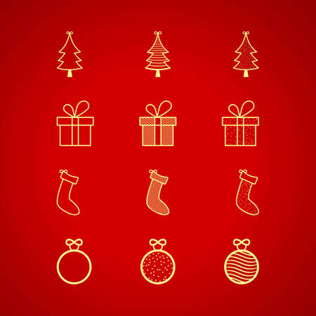 Christmas element collection on red background. Christmas golden ball, sock, golden gift golden tree. Christmas golden elements icon on a red background. Xmas banner or card elements design.の写真素材