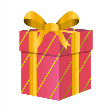 Christmas gift vector design on a white background. Round gift box design with pink color wrap paper with golden strips and golden color ribbon. Gift design for anniversaries or Christmas events.の写真素材