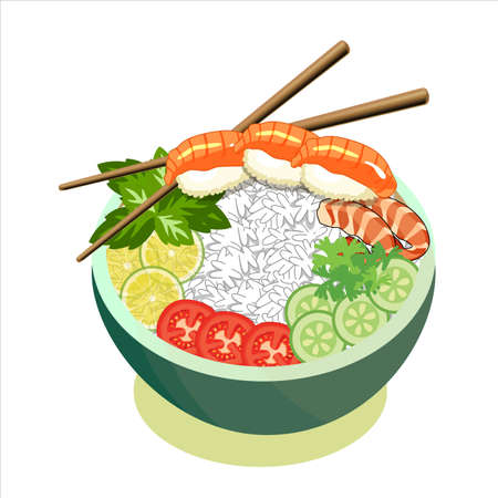 Stir fry salad with sushi and shrimps in a black bowl with the slate background. Top view copy space. Shrimp and vegetables served with salad.の写真素材