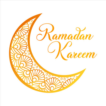 Ramadan Kareem cover, Ramadan Mubarak background, template design element, Vector illustration, Ramadan Kareem theme. Vector card with moon and lettering. Hand drew illustration with a crescent.のイラスト素材