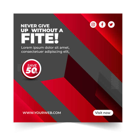 fitness gym sale social media post design template, Social Media Post for fitness gym Promotion, Social media banner. With square and red, black and white color, never give up without fitnessのイラスト素材