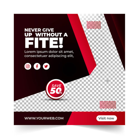 fitness gym sale social media post design template, Social Media Post for fitness gym Promotion, Social media banner. With square and red, black and white color, never give up without fitnessのイラスト素材