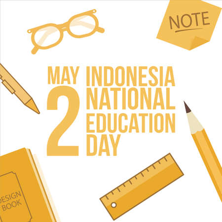 Creative illustration for Indonesian National Education Day with Yellow Text effect in a White background, May 2 special vector design with Pen, glass, ruler, book and pencil with Yellow colour shade.のイラスト素材