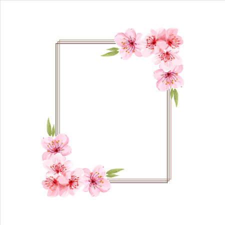 Spring floral border. Cherry blossoms pink flowers frame, Flower branches vector frame illustration, tree blossom flowers border template. Pink cherry blossom branches, buds on twigs.のイラスト素材