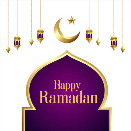Ramadan Kareem with golden luxurious crescent, template Islamic ornate greeting card, Ramadan Kareem, lantern and moon, Muslim holiday lights on a light backgroundのイラスト素材