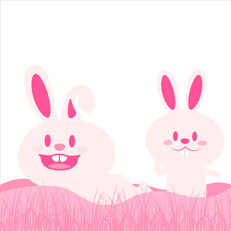 Easter Bunny Template, Happy Easter Bunnies Illustration, Easter Bunny Happy Easter Vector, Illustration of Happy Easter Bunnies With Grass Vector, Pink Easter Bunnies Happy Easter Multi-Color Design.のイラスト素材