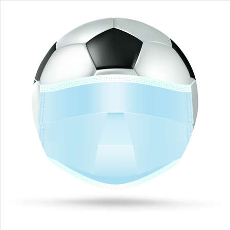 football wearing a face mask for protection from the COVID-19 virus, Sokar ball wearing a medical protective mask, Football sports ball wearing a medical protective mask. Vector Illustration.の写真素材