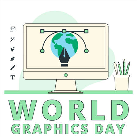 Creative Design for World Graphics Day text With Green shade for a card or poster, Beautiful Pen and Computer Vector, Standard illustration on a special day for Graphics with Green colour Text Effect.のイラスト素材