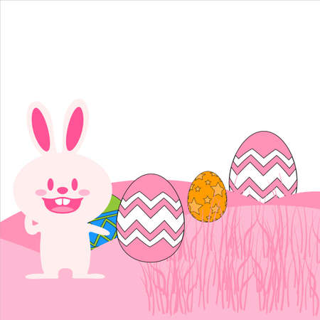 cute funny looking Easter Bunny design with lots of Easter eggs, star Party banner design, happy Easterのイラスト素材