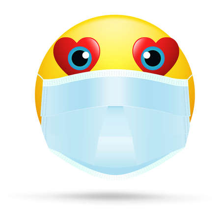 Emoji with mouth mask - yellow face with open eyes wearing a white surgical mask, Emoji wearing a face mask, yellow emoji with face maskの写真素材