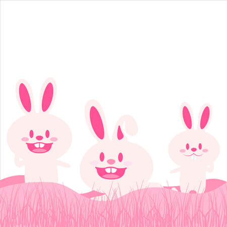 Cute Easter Bunnies Illustration, Cute Easter Bunnies Vector, Illustration of Happy Easter Bunnies with Pink Grass, Pink Shade Happy Easter Bunnies Vector, New Happy Easter Design, Cute Easter Bunniesのイラスト素材