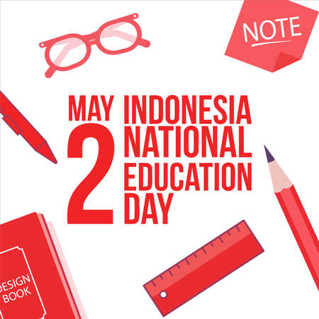 Illustration for Indonesian National Education Day with Red Text effect in a White background, May 2 special vector design with Pen, glass, ruler, book and pencil with Red colour shade.のイラスト素材