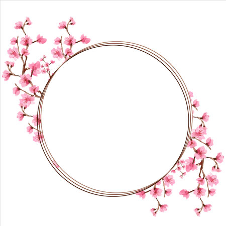cherry blossom Detailed contour wreath with herbs, roses and wildflowers. Round frame for your design. Round frame for your design, greeting cards, wedding announcements, posters.の写真素材