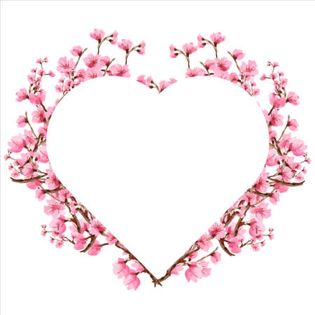 cherry blossom  Floral greeting card and invitation template for wedding or birthday anniversary, Vector heart shape of text box label and frame, Sakura flowers wreath ivy style with branchの写真素材