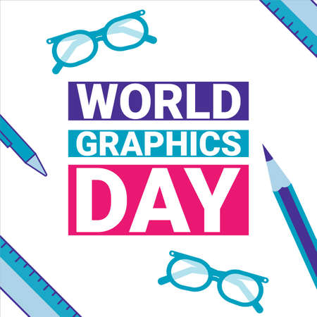 Creative illustration for World Graphics Day with Colourful Text effect in a White background, Graphics Day special vector design with Pen, glass, ruler and pencil with Multi-colour shade.のイラスト素材