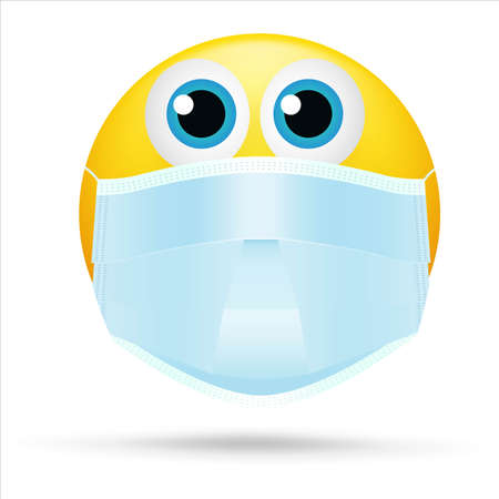 Emoji with mouth mask - yellow face with open eyes wearing a white surgical mask, Emoji wearing a face mask, yellow emoji with face maskの写真素材