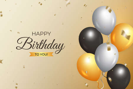 birthday social media post design, happy birthday to you with golden background gold and white and dark balloons, gold confettiのイラスト素材