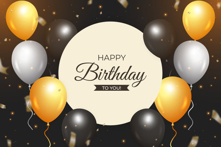 realistic happy birthday banner with the dark background, Gold confetti white yellow black balloons, Happy birthday golden background with golden confetti. Happy Birthday with realistic balloonsのイラスト素材