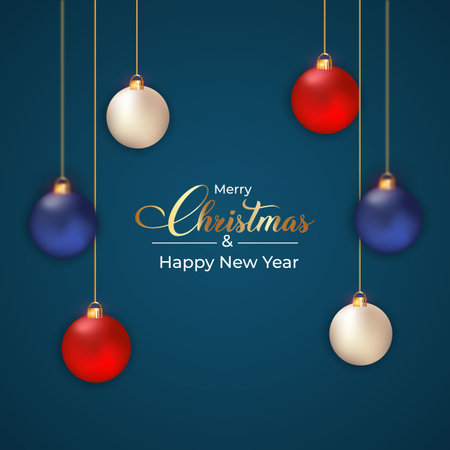 Christmas social media banner with realistic decoration balls. Xmas banner with balls. Merry Christmas banner with typography and glowing balls on blue background. Christmas elements.のイラスト素材