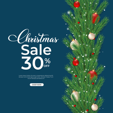 Christmas social media post dark blue background decoration balls and pine tree leaves. Christmas seals banner with 30% off.のイラスト素材