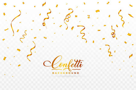 Confetti vector for the carnival background. Golden party ribbon and confetti falling. Golden confetti isolated on transparent background. Festival elements. Birthday party celebration.のイラスト素材