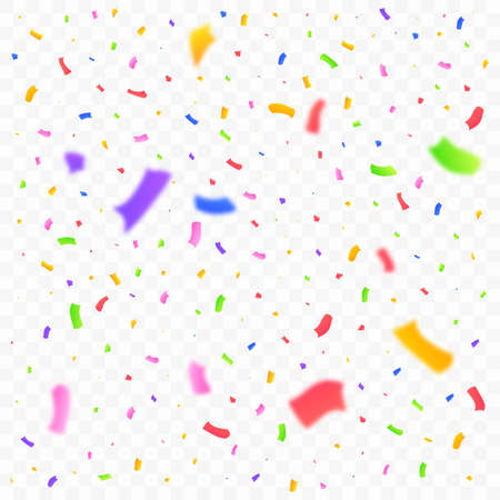 Confetti and tinsel explosion background. Realistic multicolor confetti vector illustration. Colorful confetti isolated on transparent background. Carnival elements. Birthday party celebration.のイラスト素材