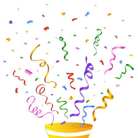 Confetti vector illustration for festival background. Party elements explosion of colorful confetti. Colorful confetti isolated on white background. Carnival elements. Birthday party celebration.のイラスト素材