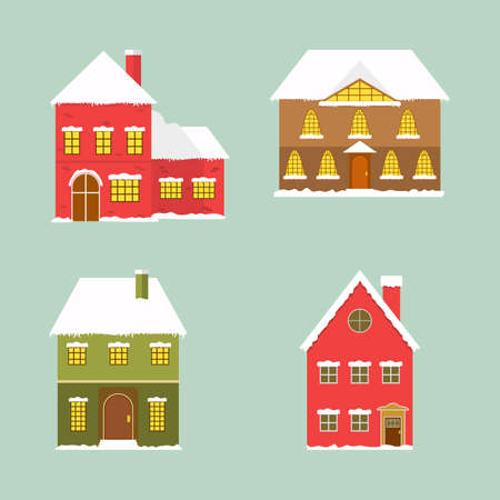 Christmas house set with snow on the rooftop. Xmas decoration house with chimney. multicolor houses. Cute Christmas-decorated houses. Wintertime townhomes with dense snow.のイラスト素材